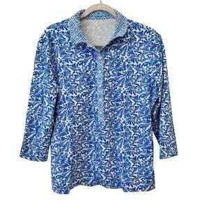 JMcLaughlin Blue White Button Down Top Womens Large